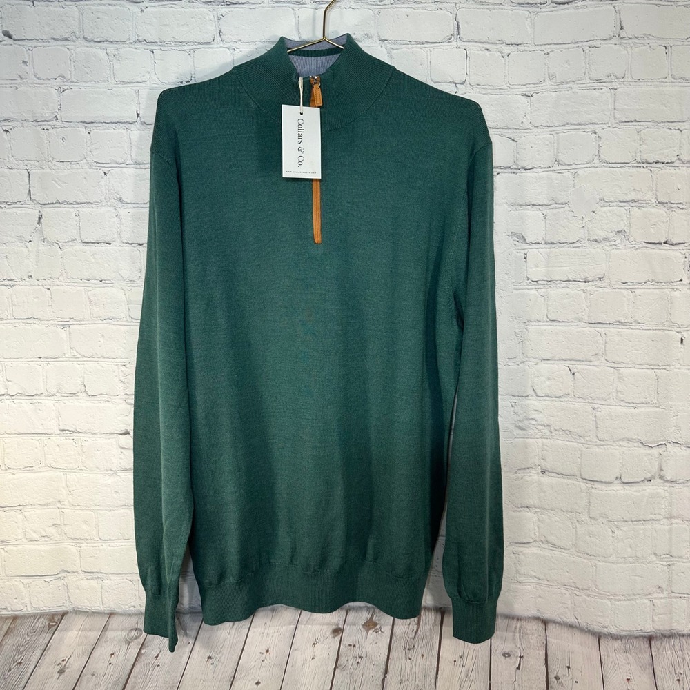 NEW Collars & Co Mens 100% Merino Wool Quarter Zip Sweater Green Large NWT